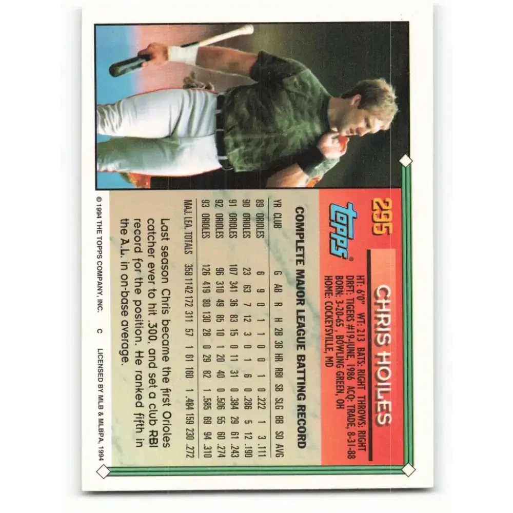 1994 Topps #295 Chris Hoiles EX Excellent Baltimore Orioles Baseball Card - Baseball Card Single