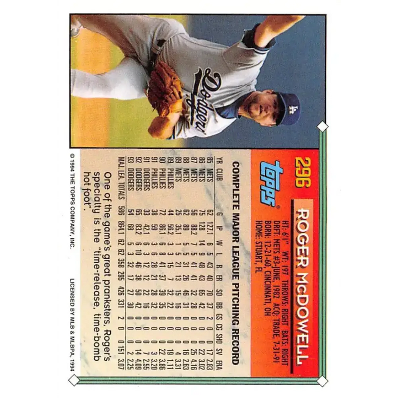1994 Topps #296 Roger McDowell EX Excellent Los Angeles Dodgers Baseball Card - Baseball Card Single