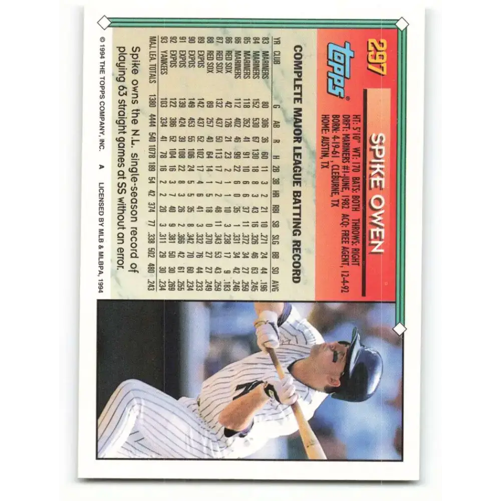 1994 Topps #297 Spike Owen EX Excellent New York Yankees Baseball Card - Baseball Card Single