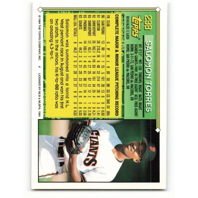 1994 Topps #298 Salomon Torres EX Excellent San Francisco Giants Baseball Card - Baseball Card Single