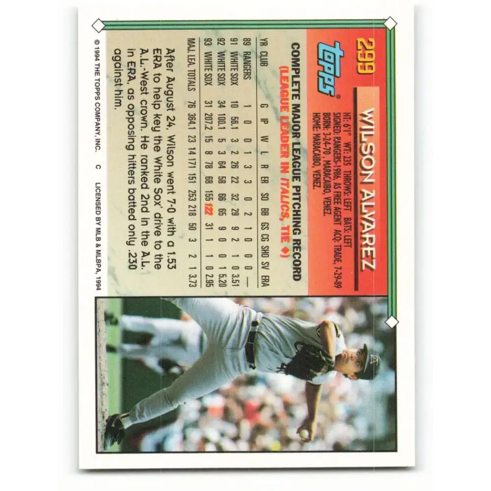 1994 Topps #299 Wilson Alvarez EX Excellent Chicago White Sox Baseball Card - Baseball Card Single