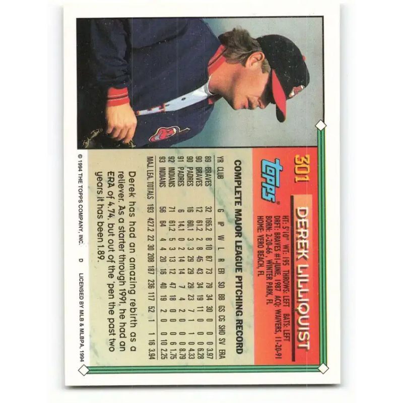 1994 Topps #301 Derek Lilliquist EX Excellent Cleveland Indians Baseball Card - Baseball Card Single