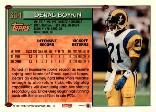 Deral Boykin football card featuring Boykin Special Effects from 1994 Topps series