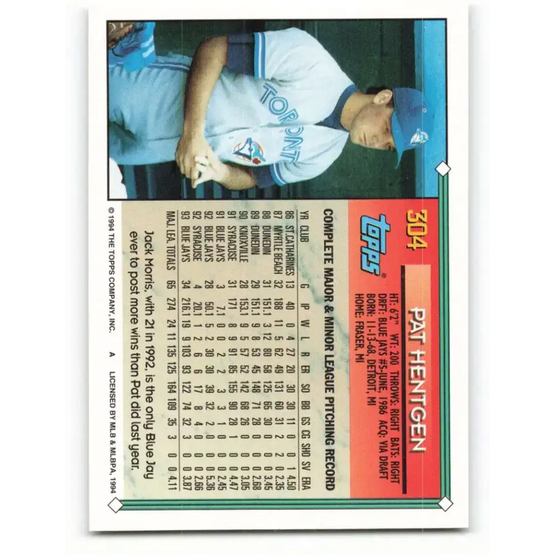 1994 Topps #304 Pat Hentgen EX Excellent Toronto Blue Jays Baseball Card - Baseball Card Single