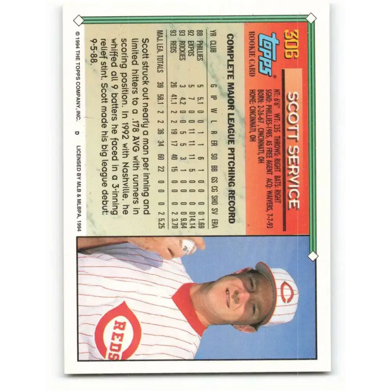 1994 Topps #306 Scott Service EX Excellent Cincinnati Reds Baseball Card - Baseball Card Single