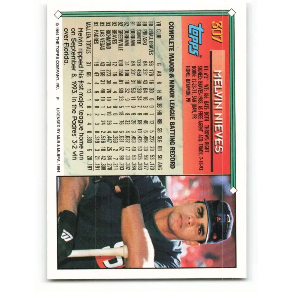 1994 Topps #307 Melvin Nieves EX Excellent San Diego Padres Baseball Card - Baseball Card Single