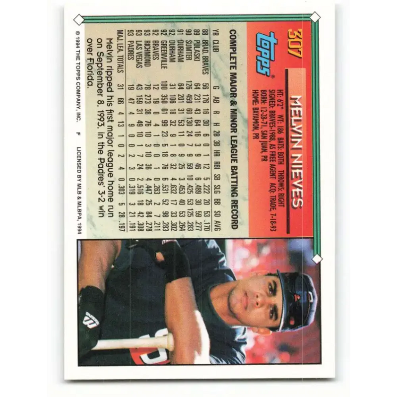 1994 Topps #307 Melvin Nieves EX Excellent San Diego Padres Baseball Card - Baseball Card Single