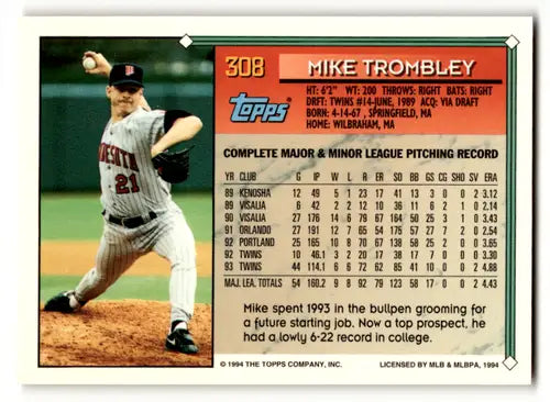 1994 Topps #308 Mike Trombley NM Near Mint Twins ID:47187 - Baseball Card Single