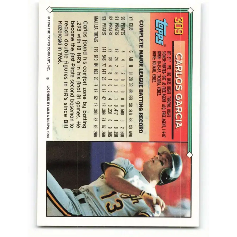 1994 Topps #309 Carlos Garcia EX Excellent Pittsburgh Pirates Baseball Card - Baseball Card Single
