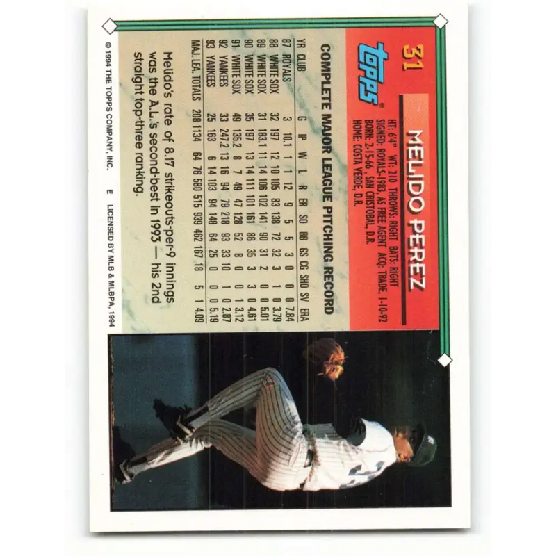1994 Topps #31 Melido Perez EX Excellent New York Yankees Baseball Card - Baseball Card Single