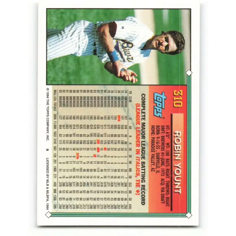 1994 Topps #310 Robin Yount EX Excellent Milwaukee Brewers Baseball Card - Baseball Card Single
