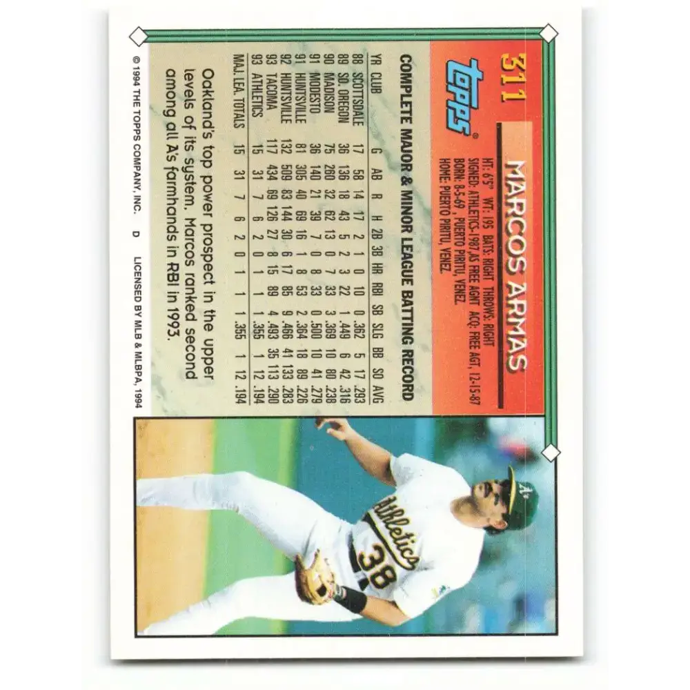 1994 Topps #311 Marcos Armas EX Excellent Oakland Athletics Baseball Card - Baseball Card Single