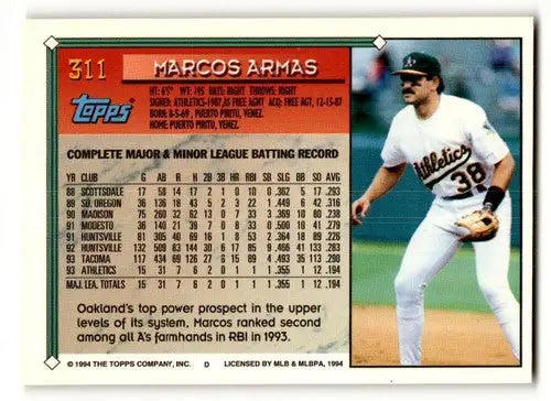 Original gloss 1994 Topps Marcos Armas NrMt baseball card ID 47043