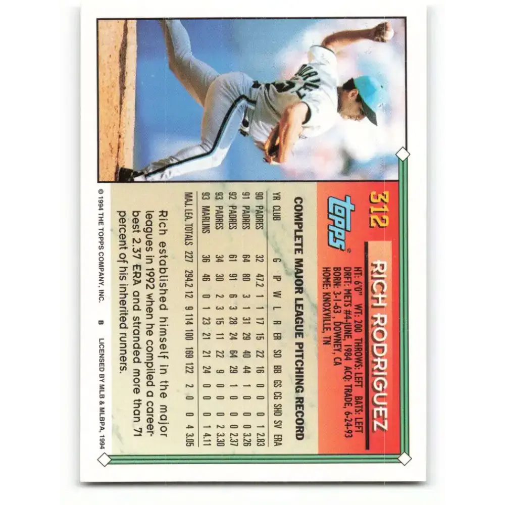 1994 Topps #312 Rich Rodriguez EX Excellent Florida Marlins Baseball Card - Baseball Card Single