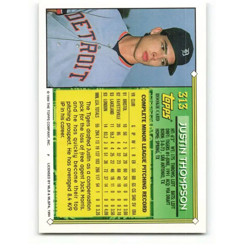 1994 Topps #313 Justin Thompson EX Excellent Detroit Tigers Baseball Card - Baseball Card Single