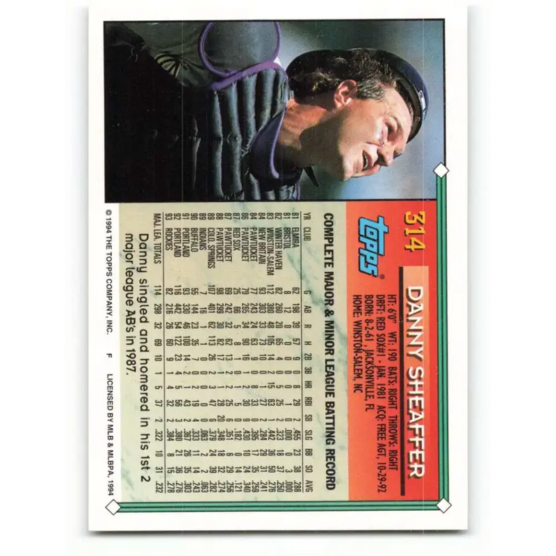 1994 Topps #314 Danny Sheaffer EX Excellent Colorado Rockies Baseball Card - Baseball Card Single