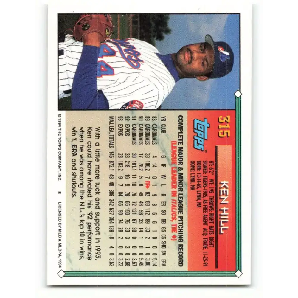 1994 Topps #315 Ken Hill EX Excellent Montreal Expos Baseball Card - Baseball Card Single