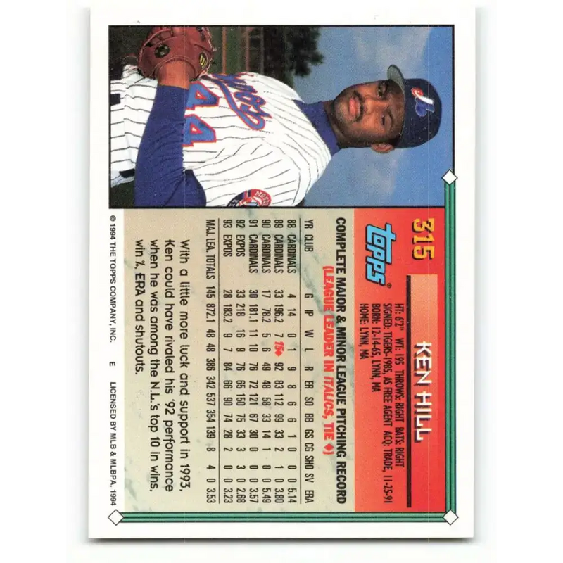 1994 Topps #315 Ken Hill EX Excellent Montreal Expos Baseball Card - Baseball Card Single