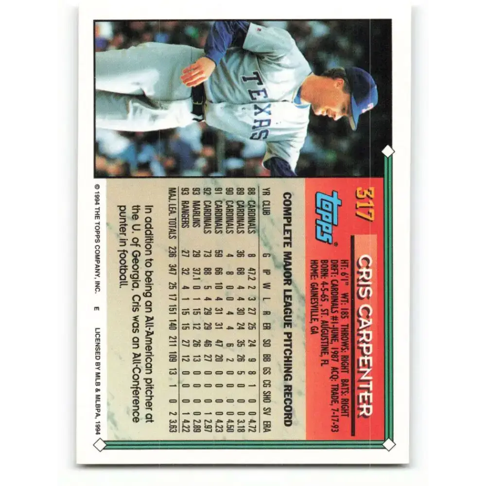1994 Topps #317 Cris Carpenter EX Excellent Texas Rangers Baseball Card - Baseball Card Single