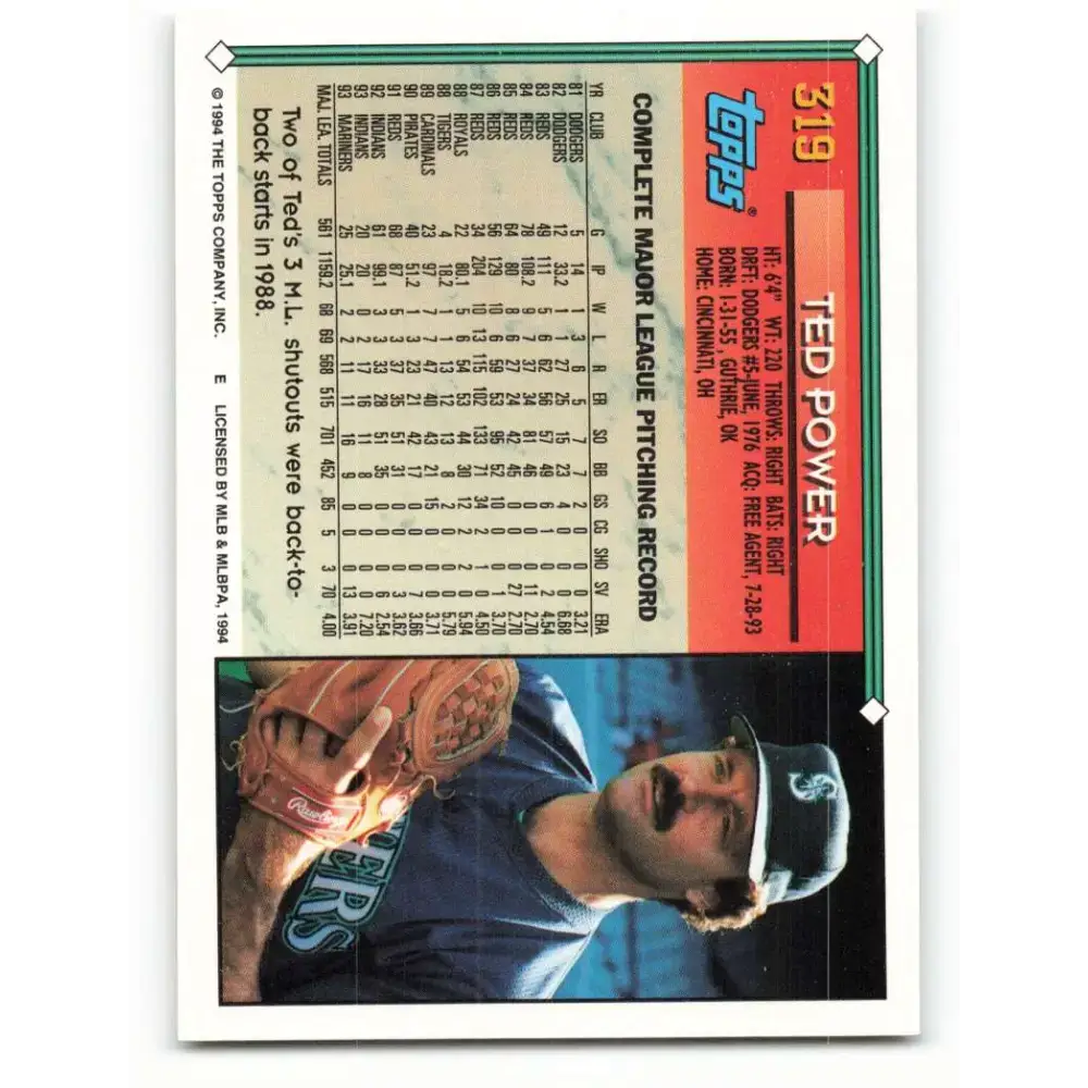 1994 Topps #319 Ted Power EX Excellent Seattle Mariners Baseball Card - Baseball Card Single
