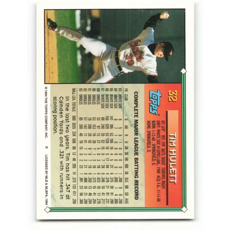 1994 Topps #32 Tim Hulett EX Excellent Baltimore Orioles Baseball Card - Baseball Card Single