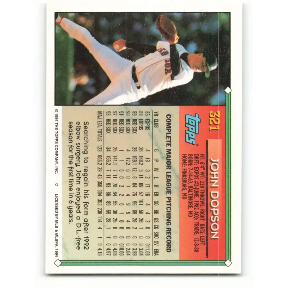1994 Topps #321 John Dopson EX Excellent Boston Red Sox Baseball Card - Baseball Card Single