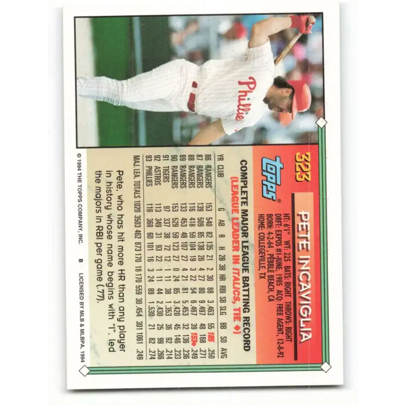 1994 Topps #323 Pete Incaviglia EX Excellent Philadelphia Phillies Baseball Card - Baseball Card Single