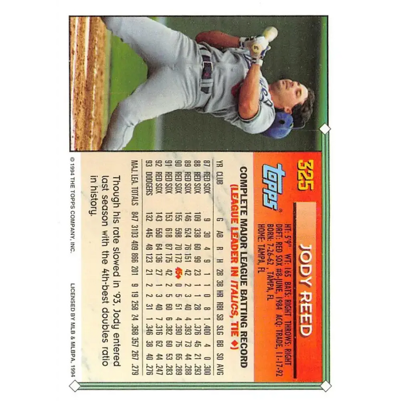 1994 Topps #325 Jody Reed EX Excellent Los Angeles Dodgers Baseball Card - Baseball Card Single
