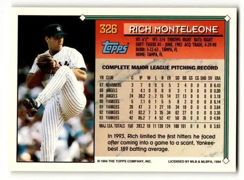Baseball card back showing original gloss of Rich Monteleone Yankees baseball card 1994 Topps #326