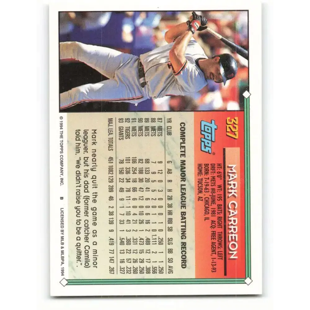 1994 Topps #327 Mark Carreon EX Excellent San Francisco Giants Baseball Card - Baseball Card Single