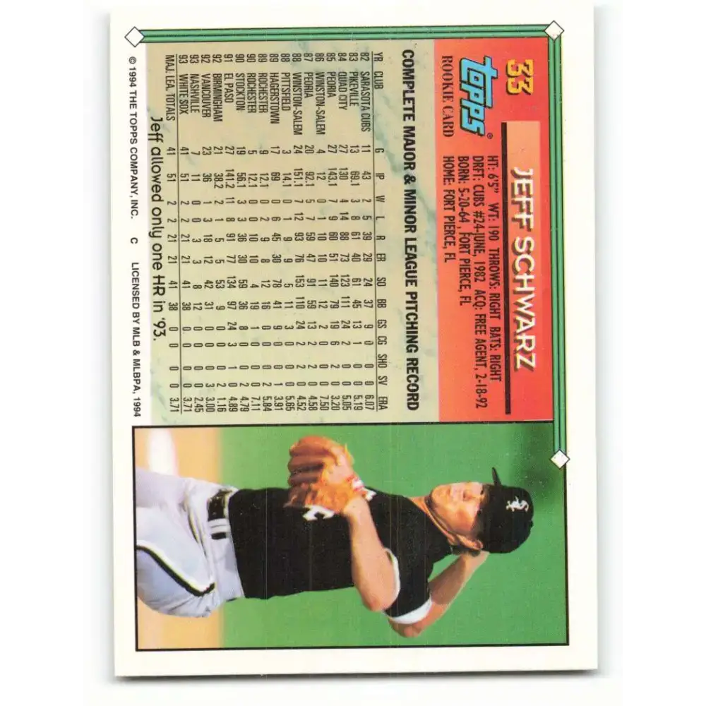 1994 Topps #33 Jeff Schwarz EX Excellent Chicago White Sox Baseball Card - Baseball Card Single