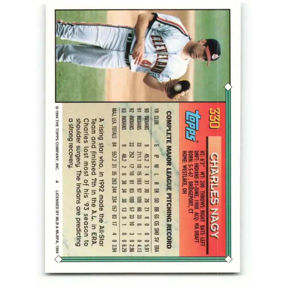 1994 Topps #330 Charles Nagy EX Excellent Cleveland Indians Baseball Card