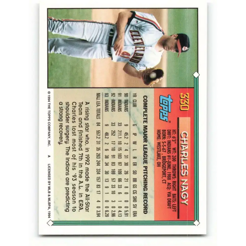 1994 Topps #330 Charles Nagy EX Excellent Cleveland Indians Baseball Card