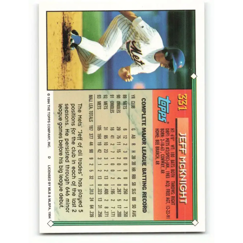 1994 Topps #331 Jeff McKnight EX Excellent New York Mets Baseball Card - Baseball Card Single