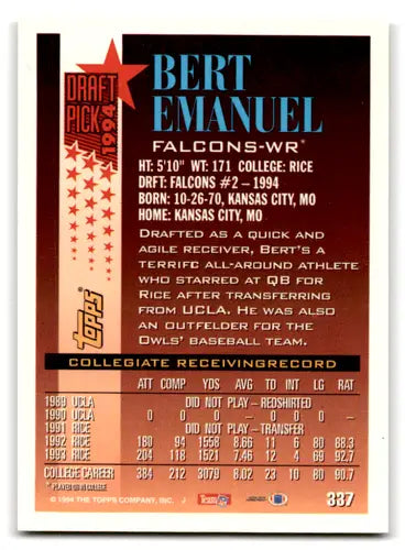 1994 Topps #337 Bert Emanuel NM-MT RC Rookie Falcons - Football Card Single