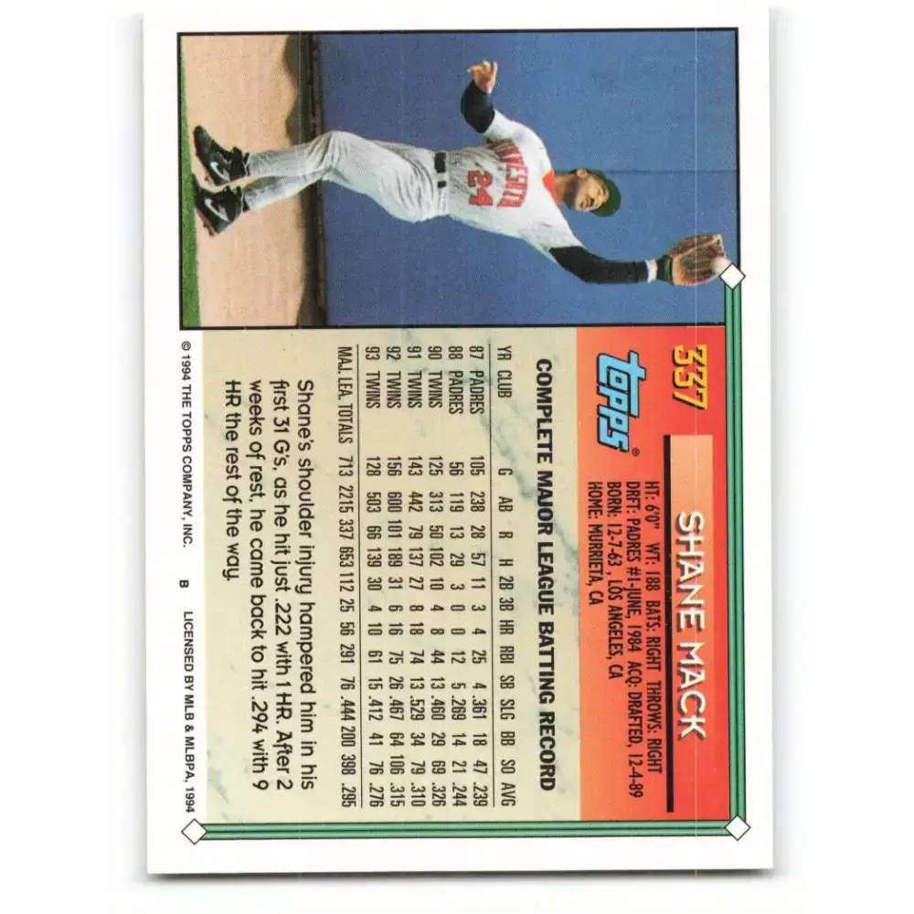 1994 Topps #337 Shane Mack EX Excellent Minnesota Twins Baseball Card - Baseball Card Single