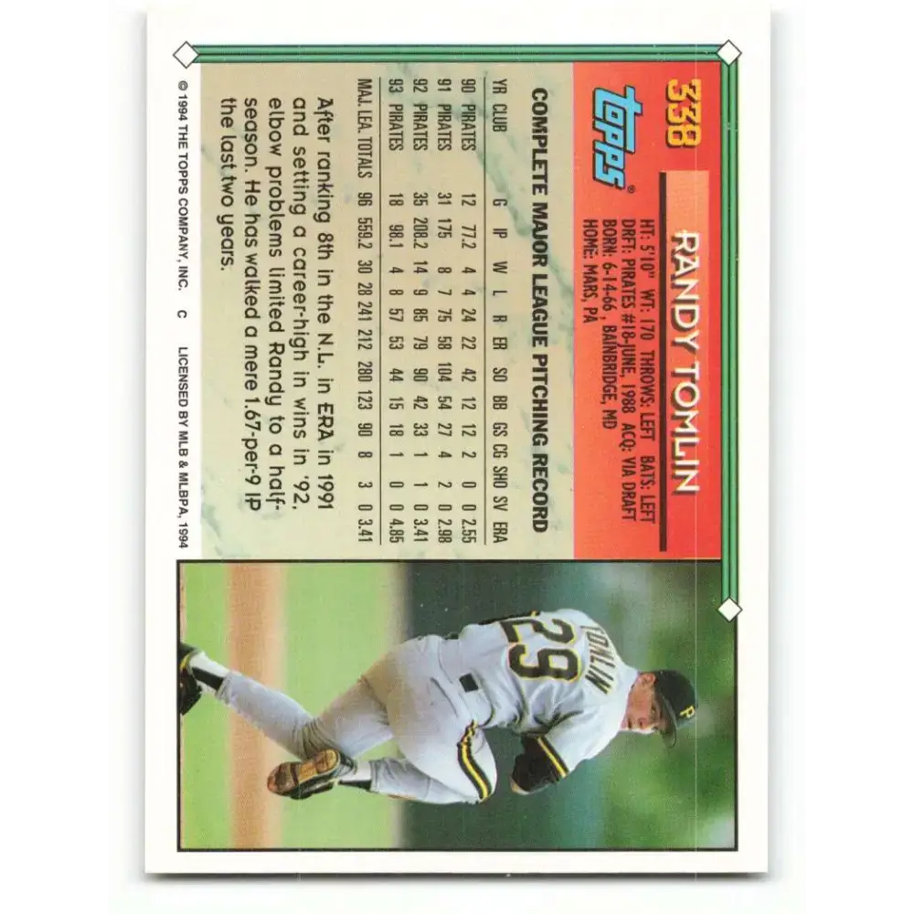1994 Topps #338 Randy Tomlin EX Excellent Pittsburgh Pirates Baseball Card - Baseball Card Single