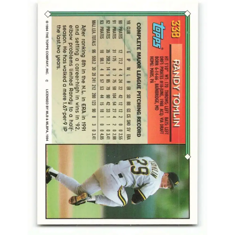 1994 Topps #338 Randy Tomlin EX Excellent Pittsburgh Pirates Baseball Card - Baseball Card Single