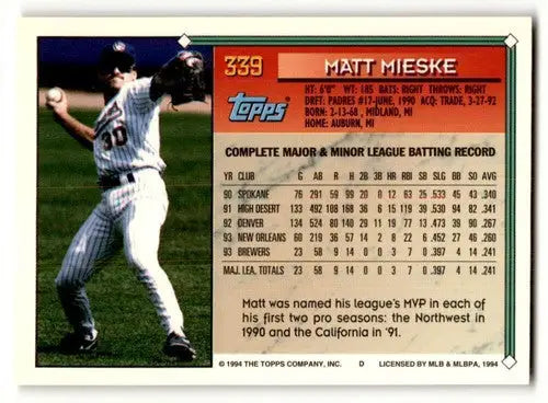 Original gloss 1994 Topps Matt Mieske NrMt baseball card ID 47058