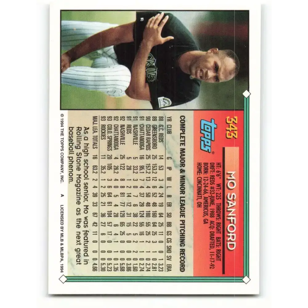 1994 Topps #343 Mo Sanford EX Excellent Colorado Rockies Baseball Card - Baseball Card Single