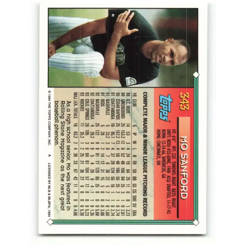 1994 Topps #343 Mo Sanford EX Excellent Colorado Rockies Baseball Card - Baseball Card Single