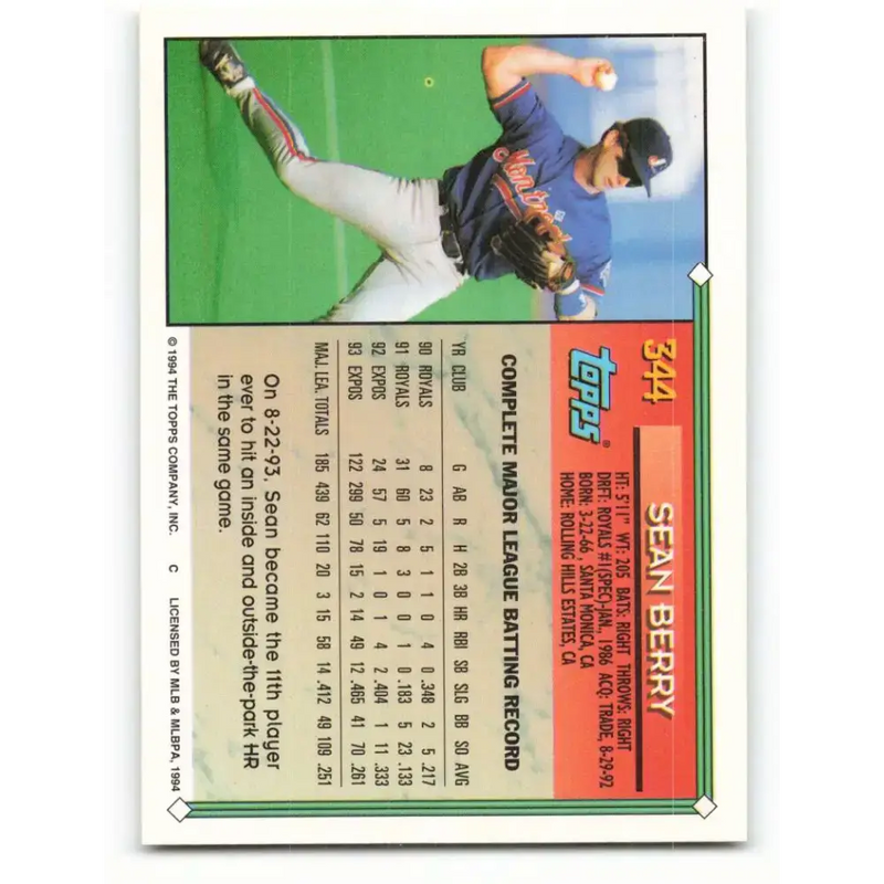 1994 Topps #344 Sean Berry EX Excellent Montreal Expos Baseball Card - Baseball Card Single