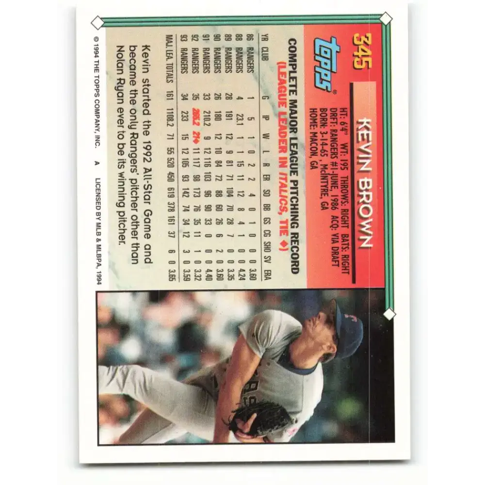 1994 Topps #345 Kevin Brown EX Excellent Texas Rangers Baseball Card - Baseball Card Single