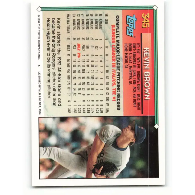 1994 Topps #345 Kevin Brown EX Excellent Texas Rangers Baseball Card - Baseball Card Single