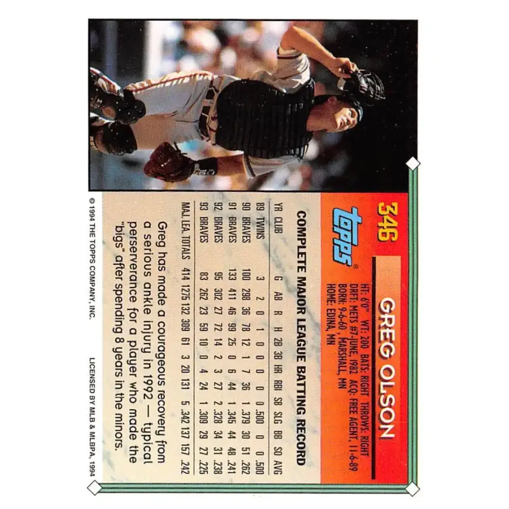 1994 Topps #346 Greg Olson EX Excellent Atlanta Braves Baseball Card - Baseball Card Single