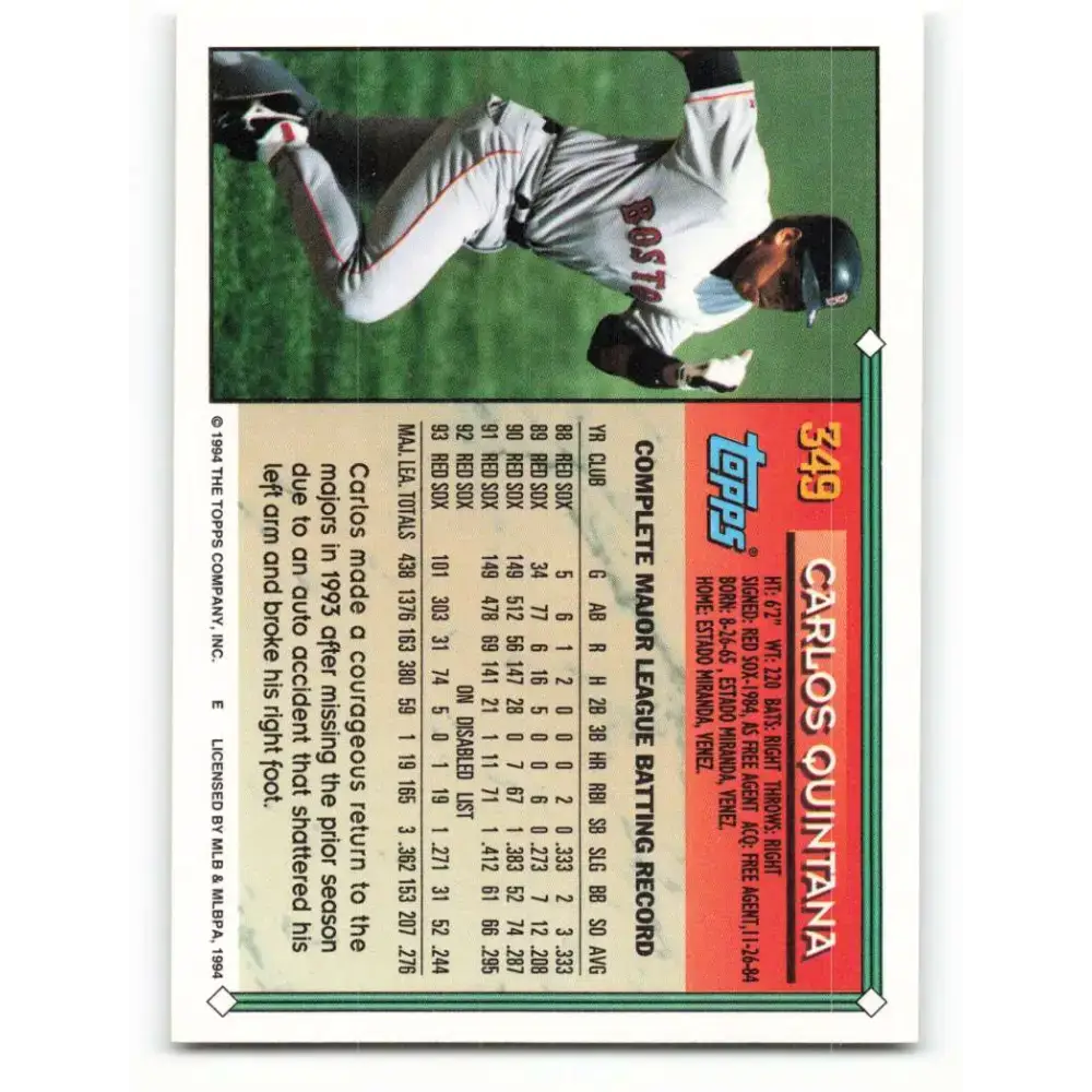 1994 Topps #349 Carlos Quintana EX Excellent Boston Red Sox Baseball Card - Baseball Card Single