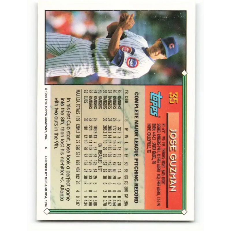 1994 Topps #35 Jose Guzman EX Excellent Chicago Cubs Baseball Card - Baseball Card Single