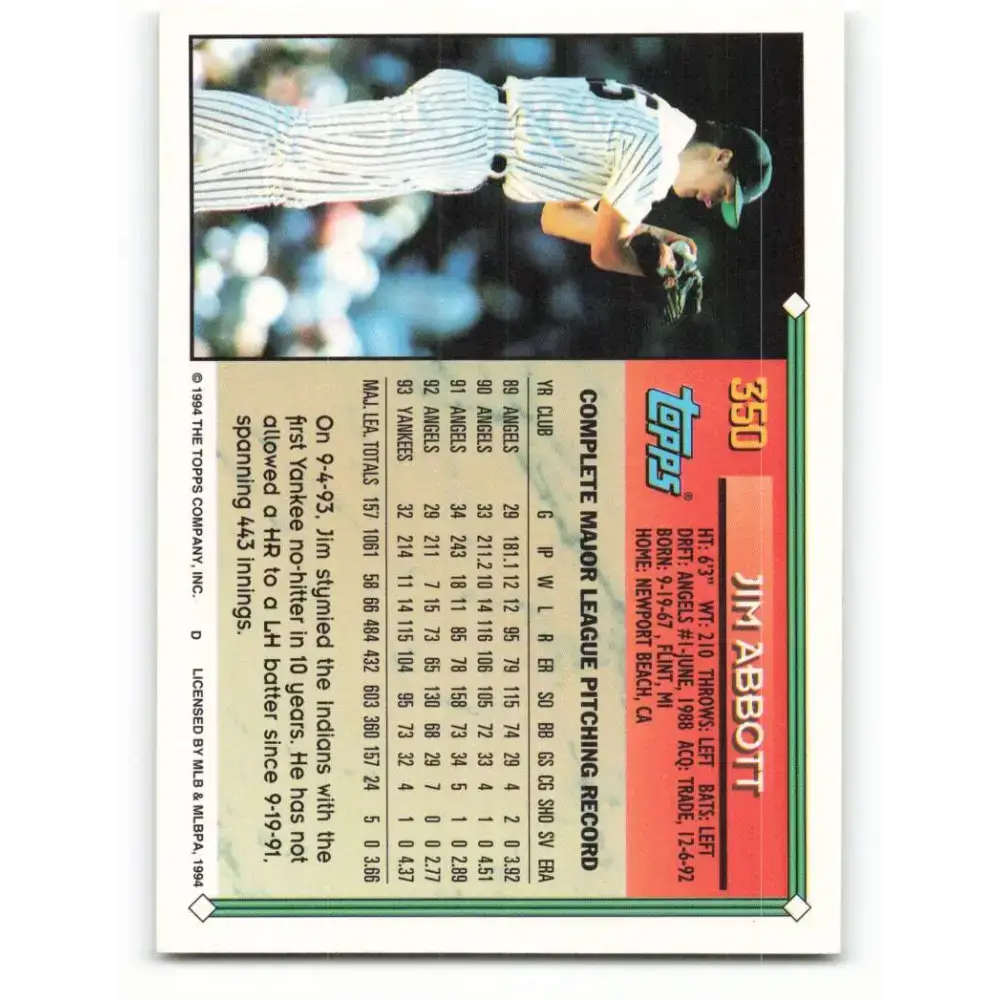 1994 Topps #350 Jim Abbott EX Excellent New York Yankees Baseball Card
