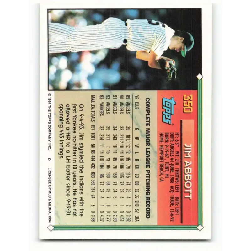 1994 Topps #350 Jim Abbott EX Excellent New York Yankees Baseball Card