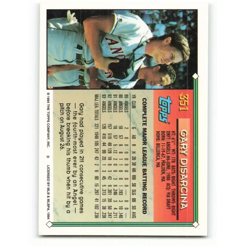 1994 Topps #351 Gary DiSarcina EX Excellent California Angels Baseball Card - Baseball Card Single